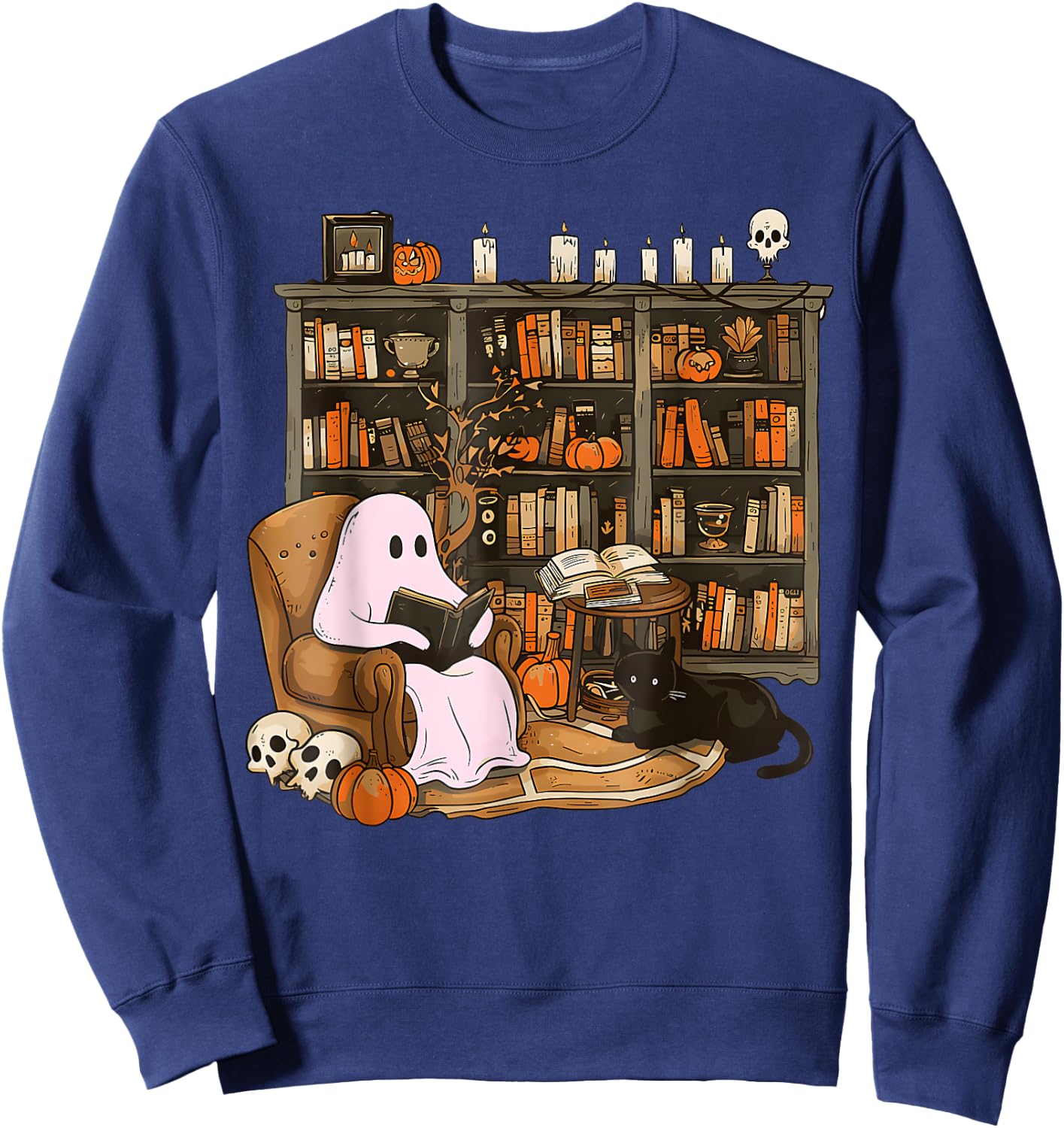 Vintage Ghost Book Reading Pumpkin Gothic Halloween Teachers Sweatshirt - Sweatshirt | Navy