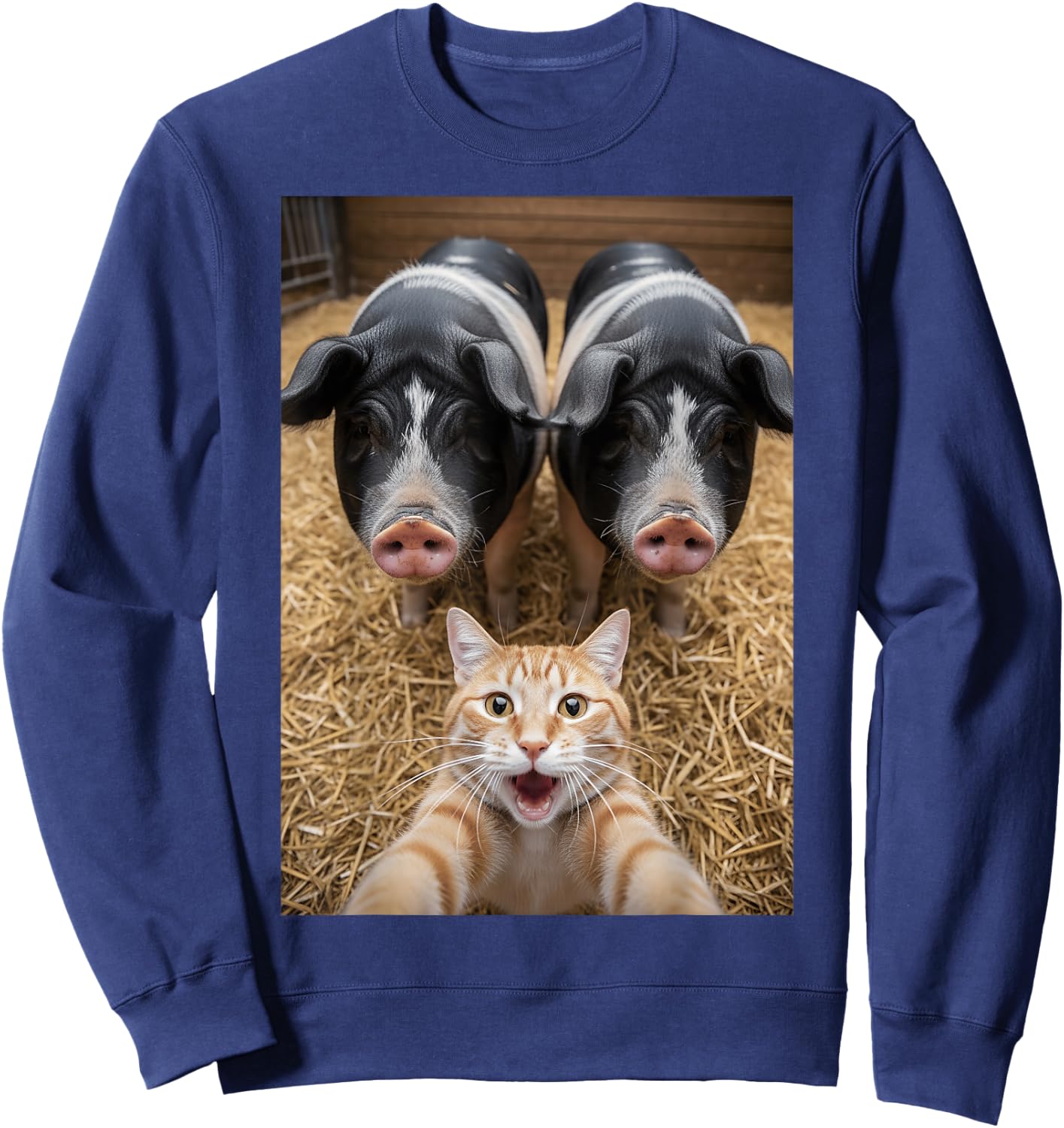 Funny Cat Selfie with Pigs Design – Cute Animal Pig Lovers Sweatshirt - Sweatshirt | Navy