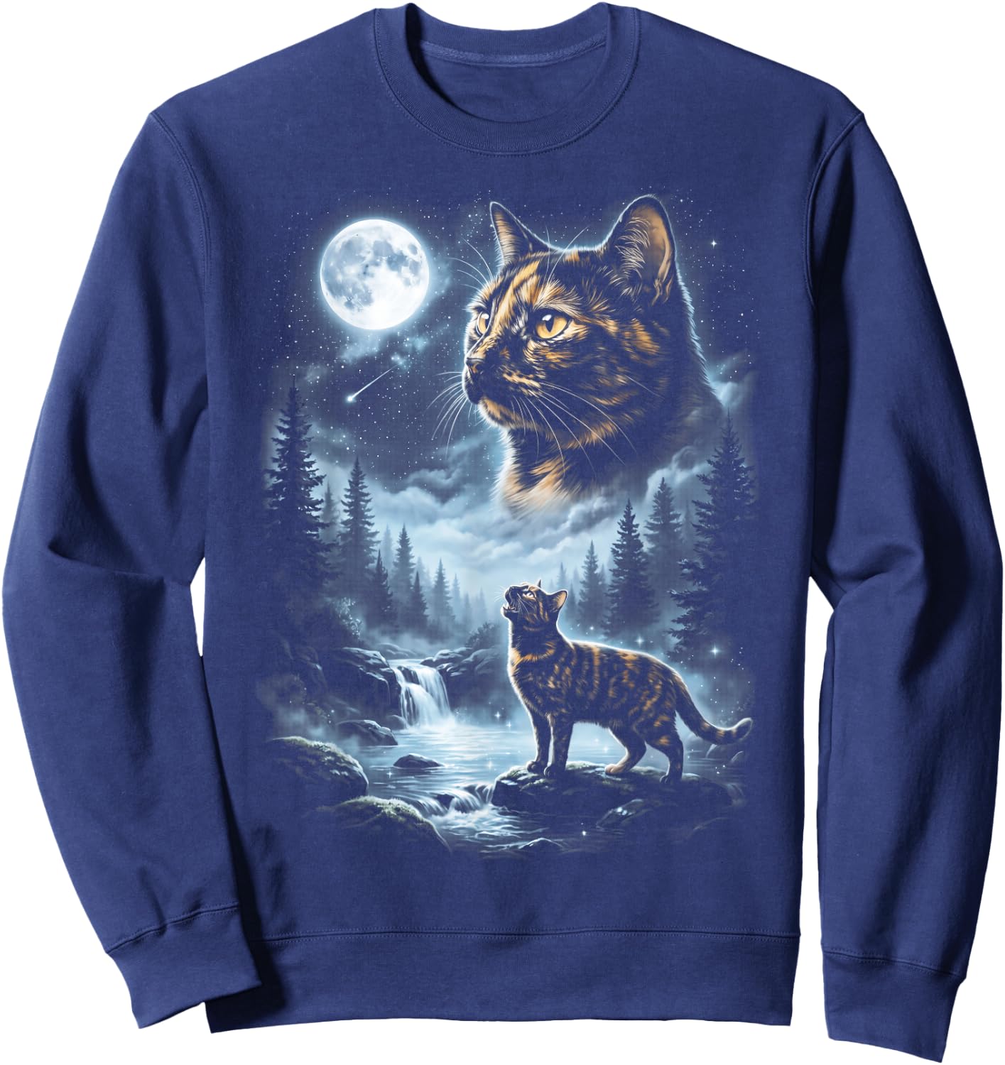 Tortoiseshell Cat Howling at Moon 90's Retro Sweatshirt - Sweatshirt | Navy