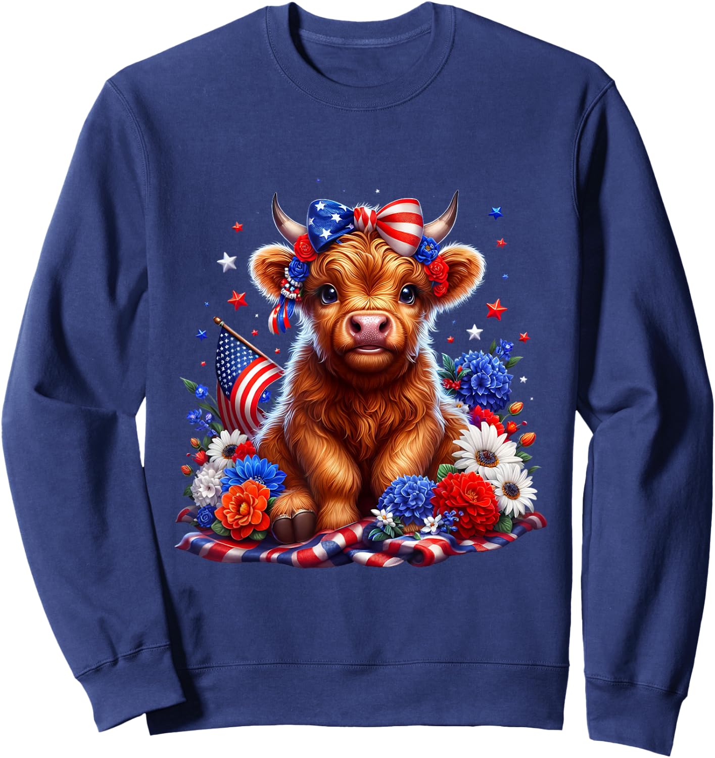 Floral Animal Vibes Patriotic Highland Cow USA 4th of July Sweatshirt - Sweatshirt | Navy
