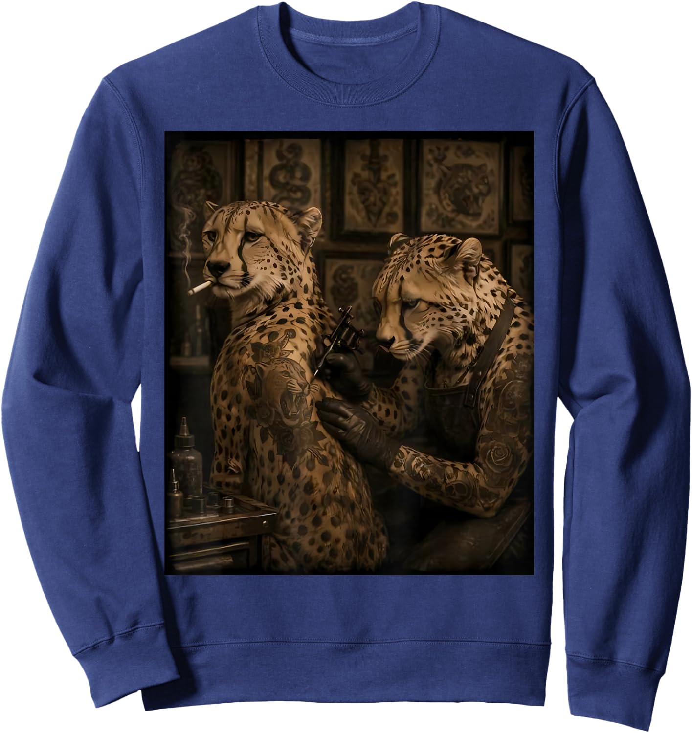 Retro Cheetah Smoking Tattoo Artist Funny Wild Animal Meme Sweatshirt - Sweatshirt | Navy