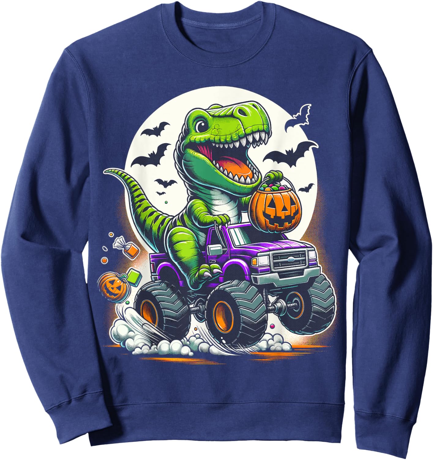 Halloween Funny T Rex Dinosaur Monster Truck Boy Trick Treat Sweatshirt - Sweatshirt | Navy