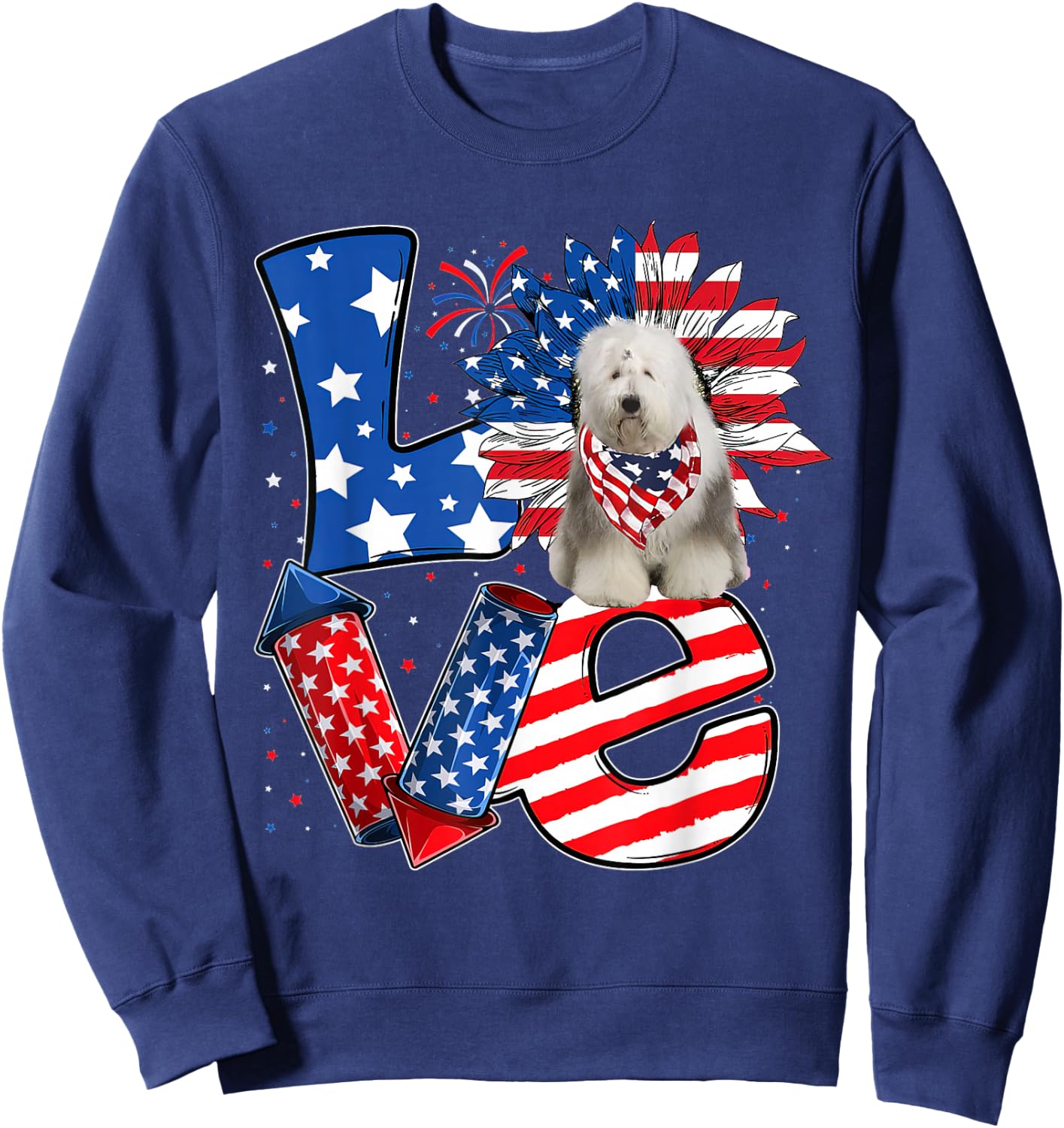 4th of July Decor Patriotic LOVE Old English Sheepdog Dog Sweatshirt - Sweatshirt | Navy