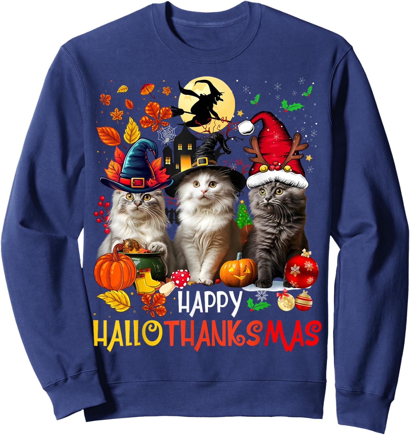 Halloween Thanksgiving Christmas Happy HalloThanksMas Cats Sweatshirt - Sweatshirt | Navy
