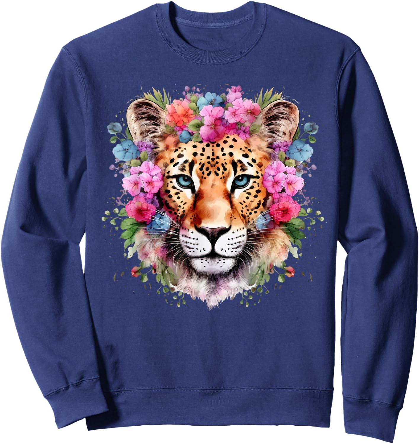 Leopard with Flowers Colorful Floral Leopards Animal Lovers Sweatshirt - Sweatshirt | Navy