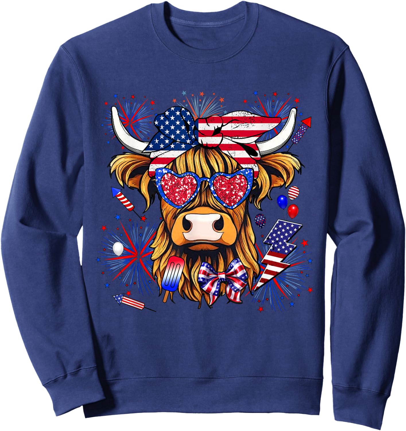 Cow, Scottish Highland Cow, Highland Cow, 4th of July Sweatshirt - Sweatshirt | Navy