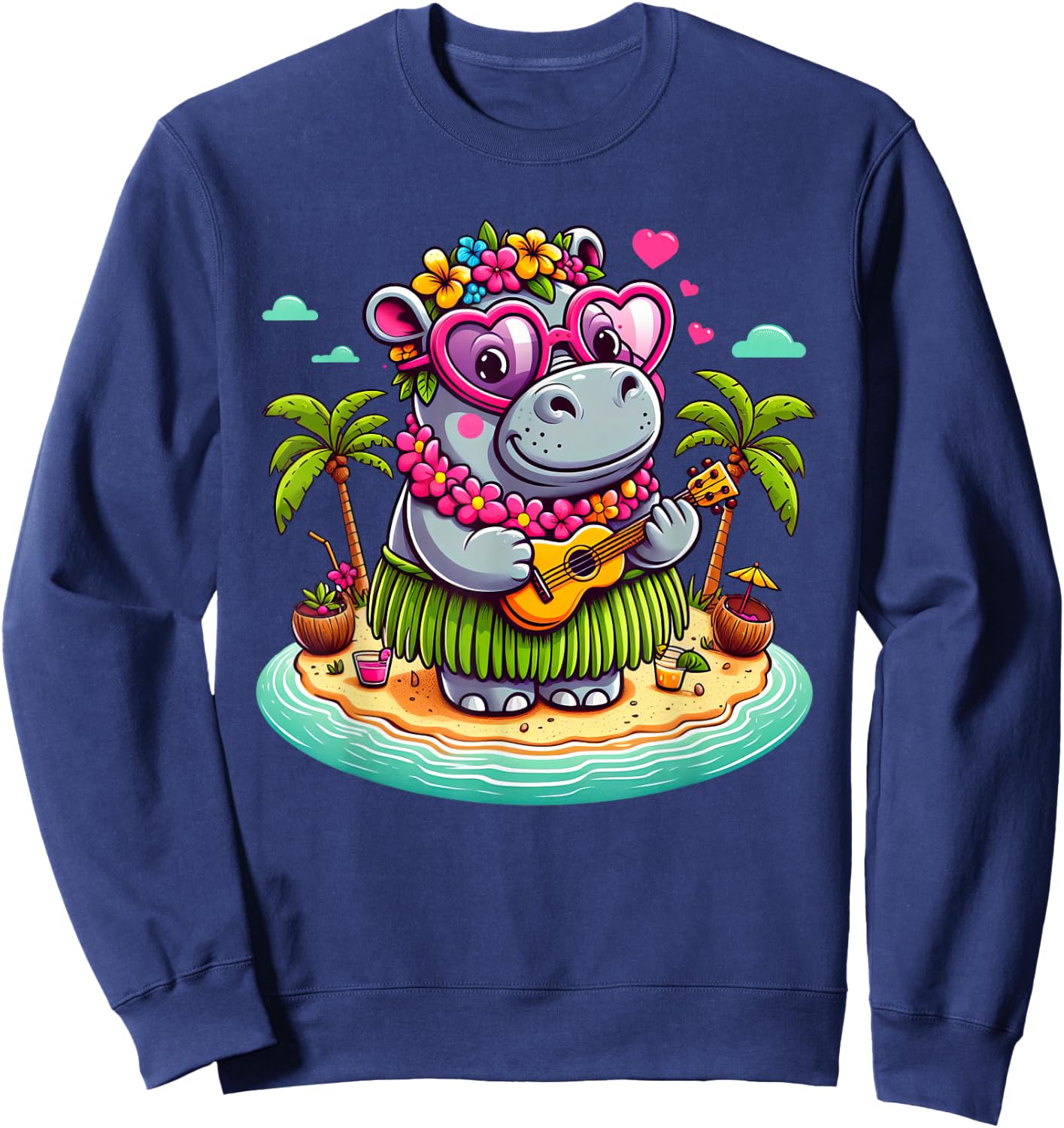 Funny Hippo Hawaiian Costume Kids Summer Vacation Hippo Sweatshirt - Sweatshirt | Navy