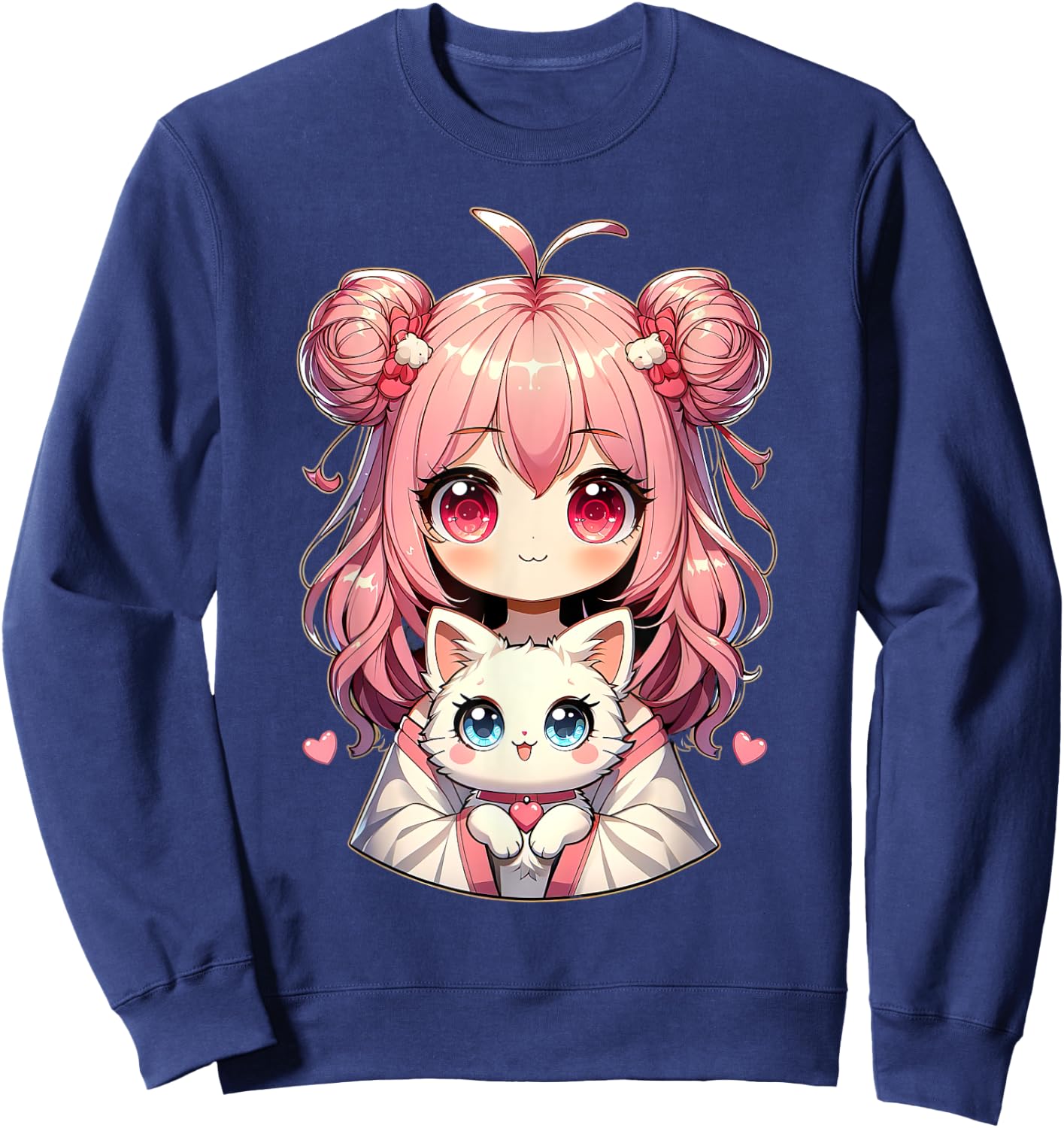 Anime Cute Cat Lovers Kawaii Manga Otaku Anime Girl Pink , Black, S Sweatshirt - Sweatshirt | Navy