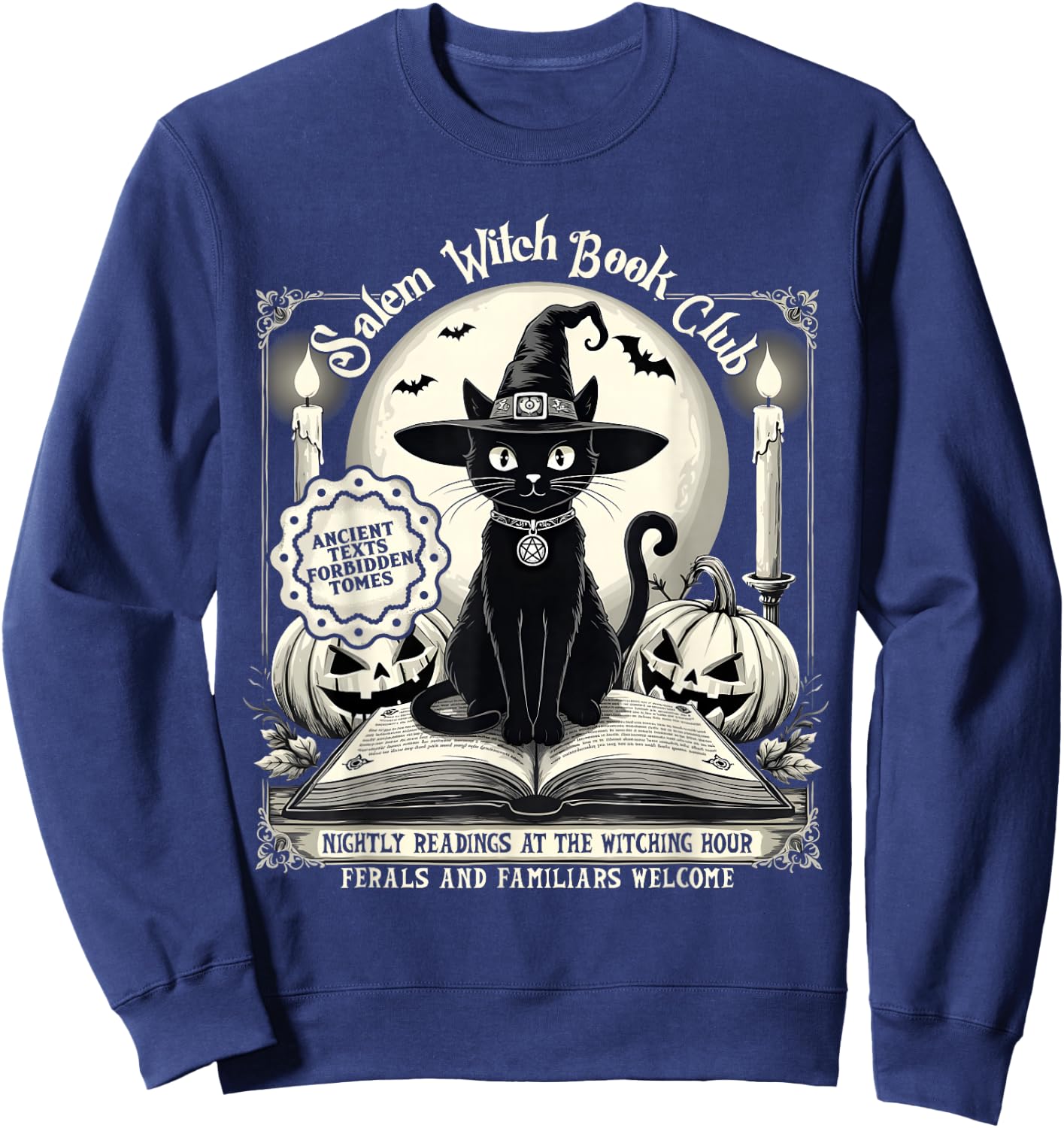 Salem Witch Book Club Vintage Halloween Cat Noir Book Lover Sweatshirt - Sweatshirt | Navy