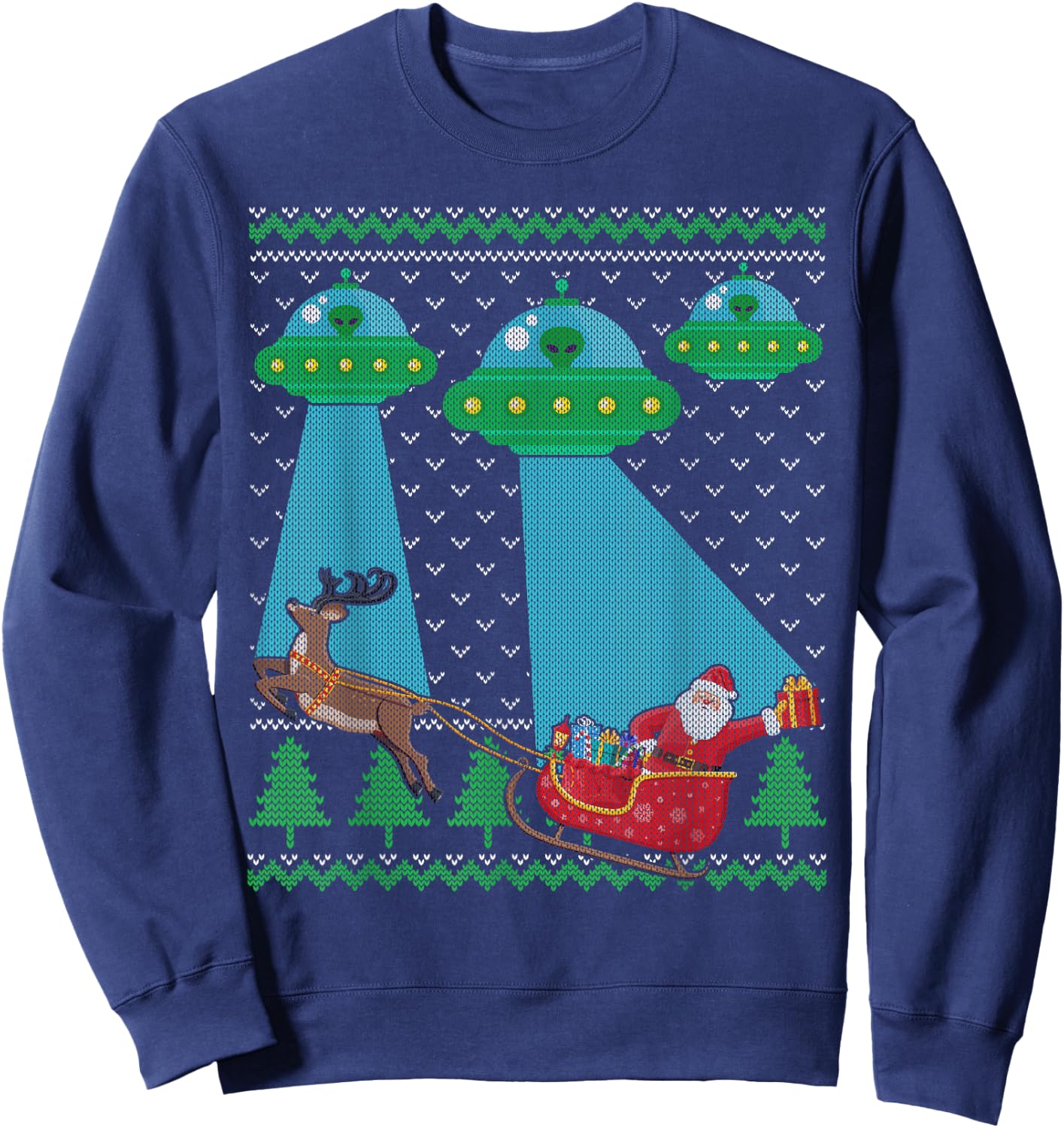 Funny Alien UFO Santa Sleigh Ugly Christmas Sweater Xmas PJS Sweatshirt - Sweatshirt | Navy