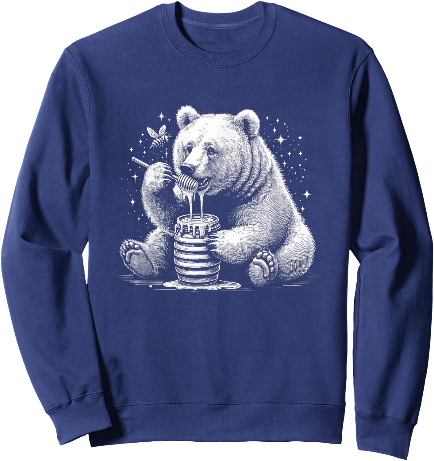 Cute Bear Eating Honey With Bee Graphic Art Design Sweatshirt - Sweatshirt | Navy