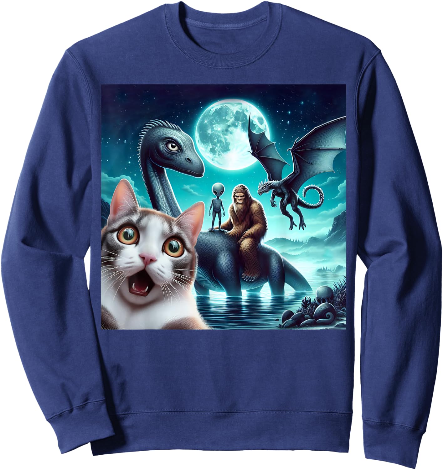 Cat Selfie with bigfoot alien UFO loch Ness monster dragon Sweatshirt - Sweatshirt | Navy