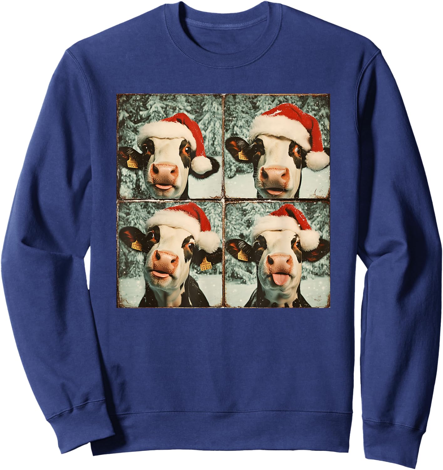 Love Cows Xmas Cow Lover Black Small Winter Graphic Animal Cartoon Short Sleeve Festive Unique Festive Graphic Design with Cow in Santa Hat Sweatshirt - Sweatshirt | Navy
