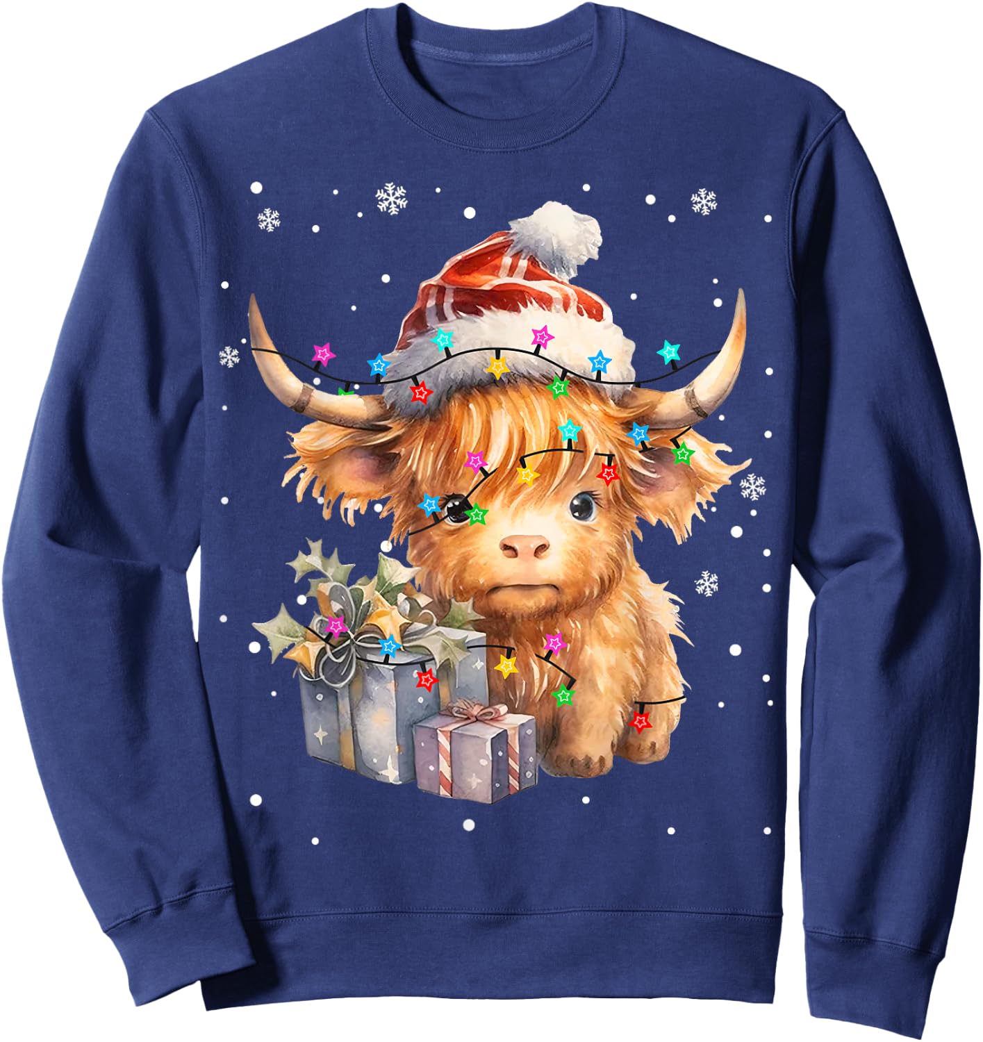 Cute Highland Cow Christmas Lights Merry Xmas Cows Farmer PJ Sweatshirt - Sweatshirt | Navy