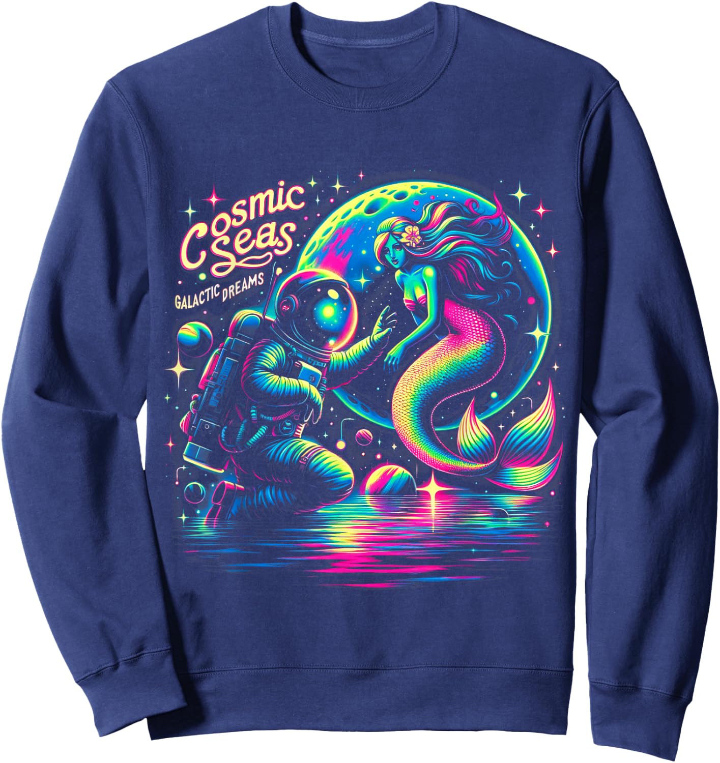 Cosmic Encounter - Astronaut Meets Space Mermaid Psychedelic Sweatshirt - Sweatshirt | Navy