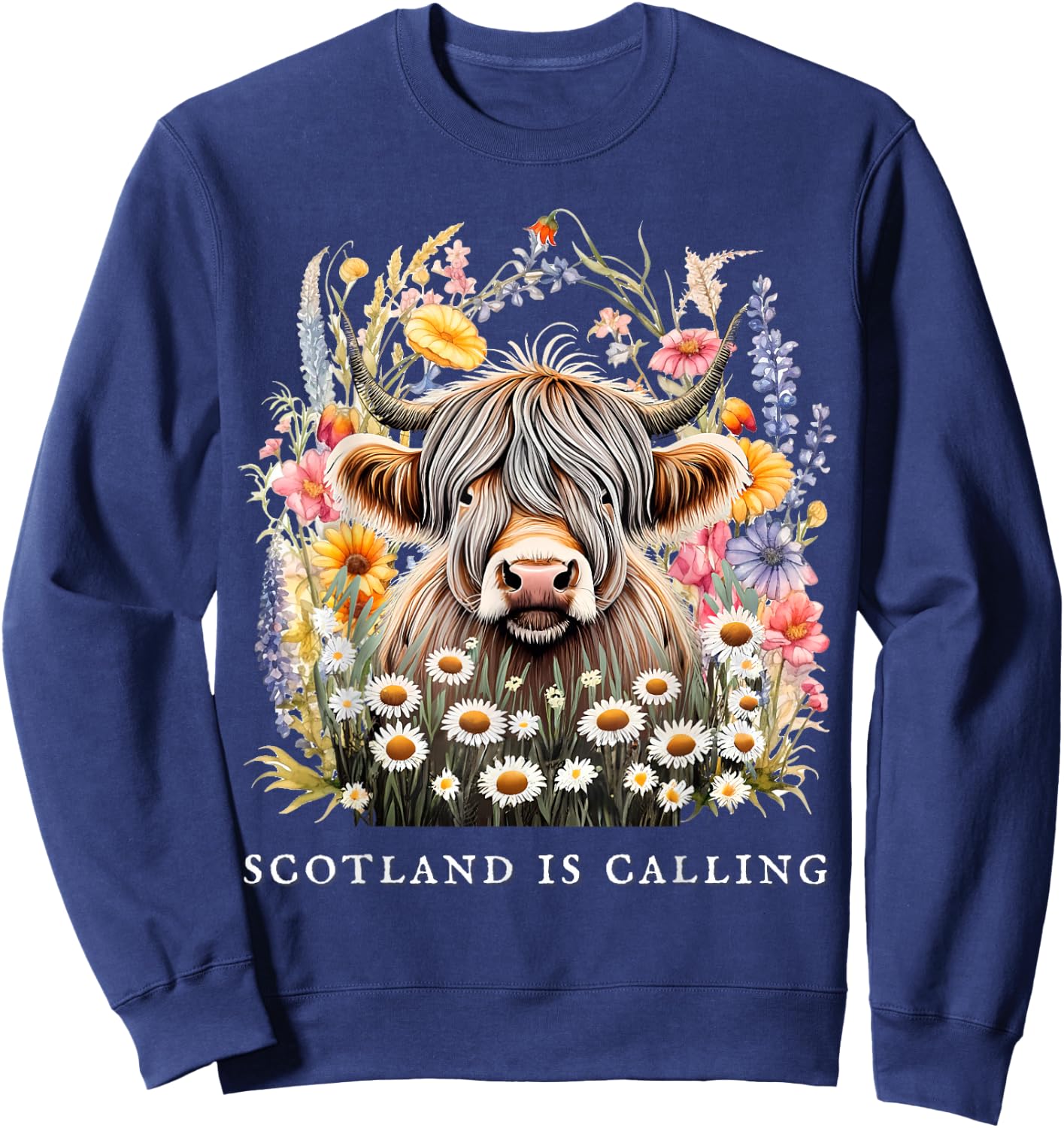 Scotland Is Calling Highland Cow flowers Scottish Vacation Sweatshirt - Sweatshirt | Navy
