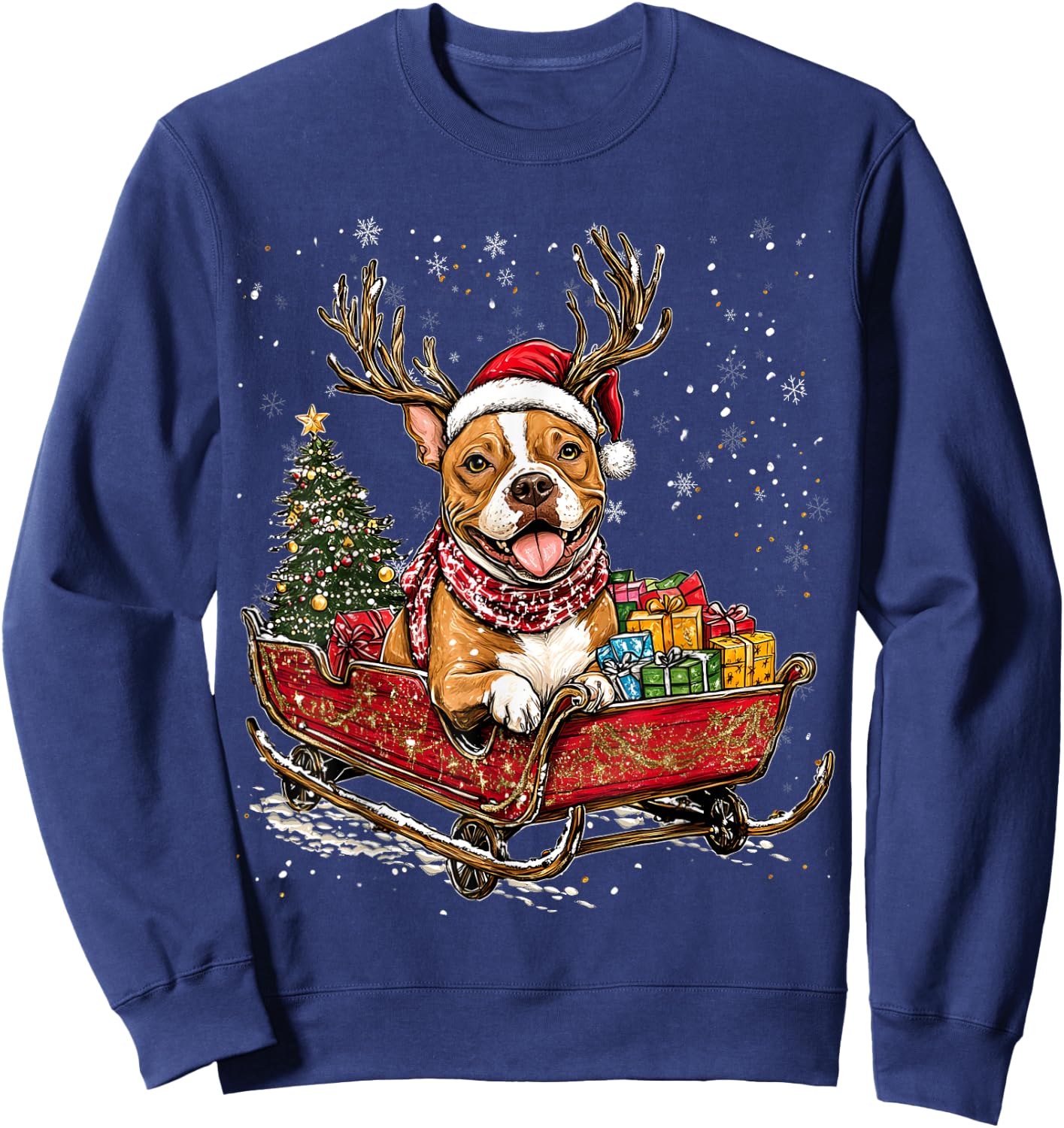 Santa Pitbull reindeer Light Christmas Sweatshirt - Sweatshirt | Navy