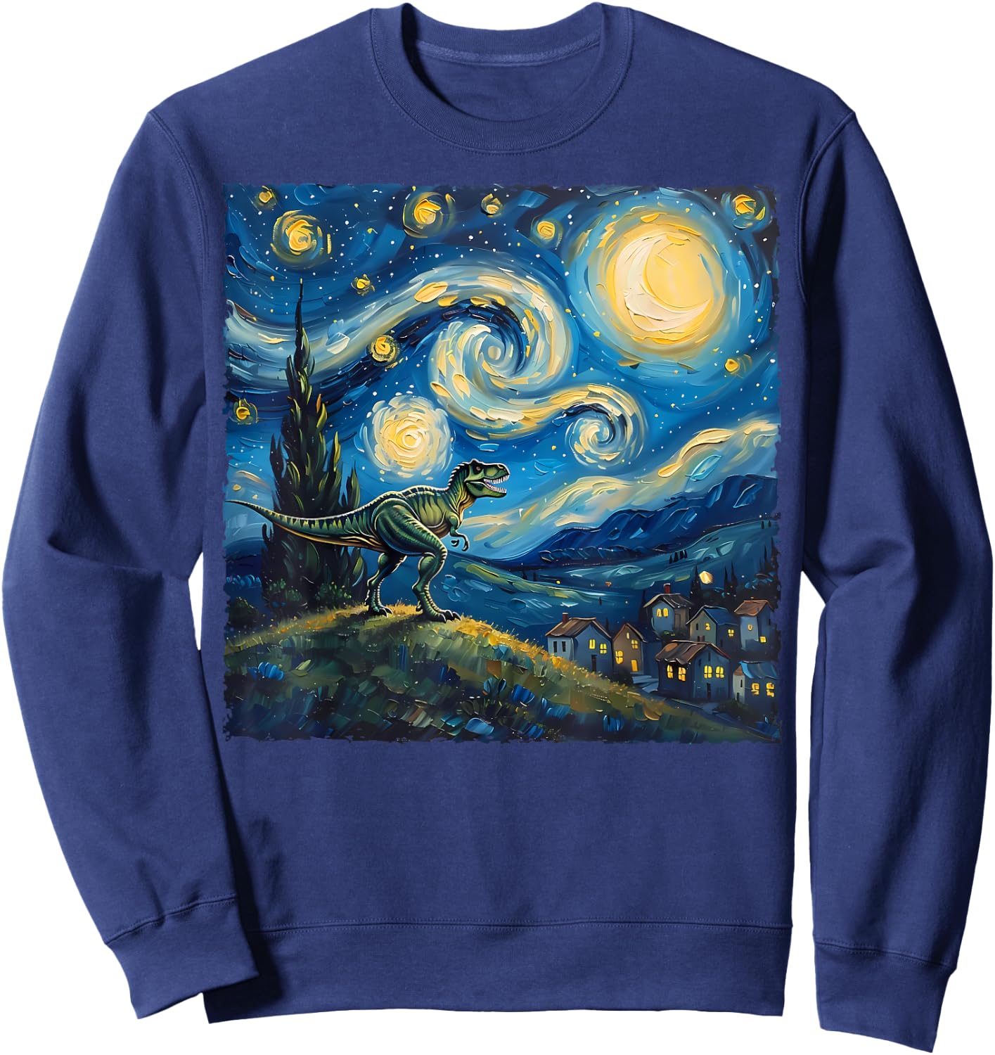 Van Gogh Style The Starry Night - Funny T-Rex Dinosaur Art Sweatshirt - Sweatshirt | Navy