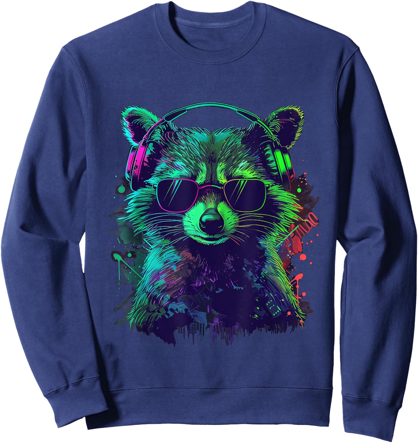green racoon DJ With Headphones And Sunglasses raccoons Sweatshirt - Sweatshirt | Navy