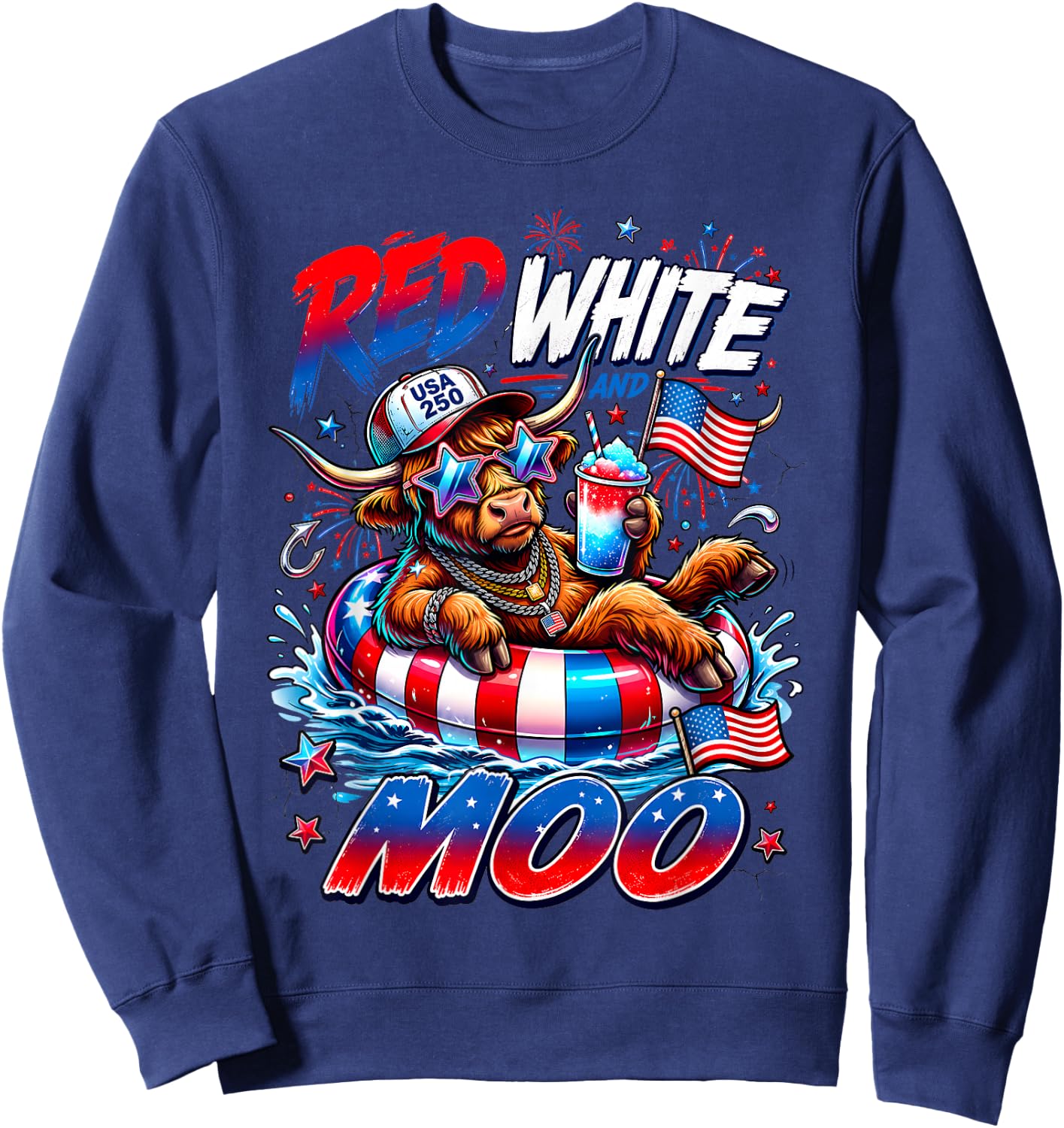 Red White and Moo Highland Cow 4th July 250 Years Patriotic Sweatshirt - Sweatshirt | Navy