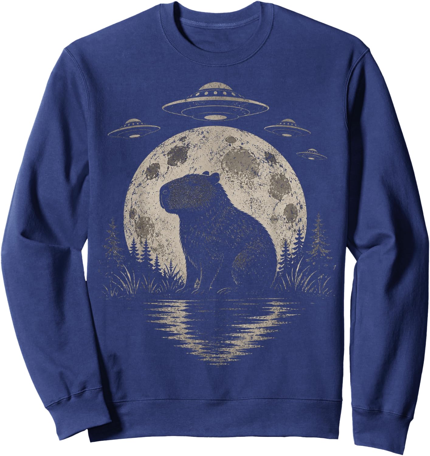 Funny Capybara Moon Alien UFO Evidence Photo Vintage Sweatshirt - Sweatshirt | Navy
