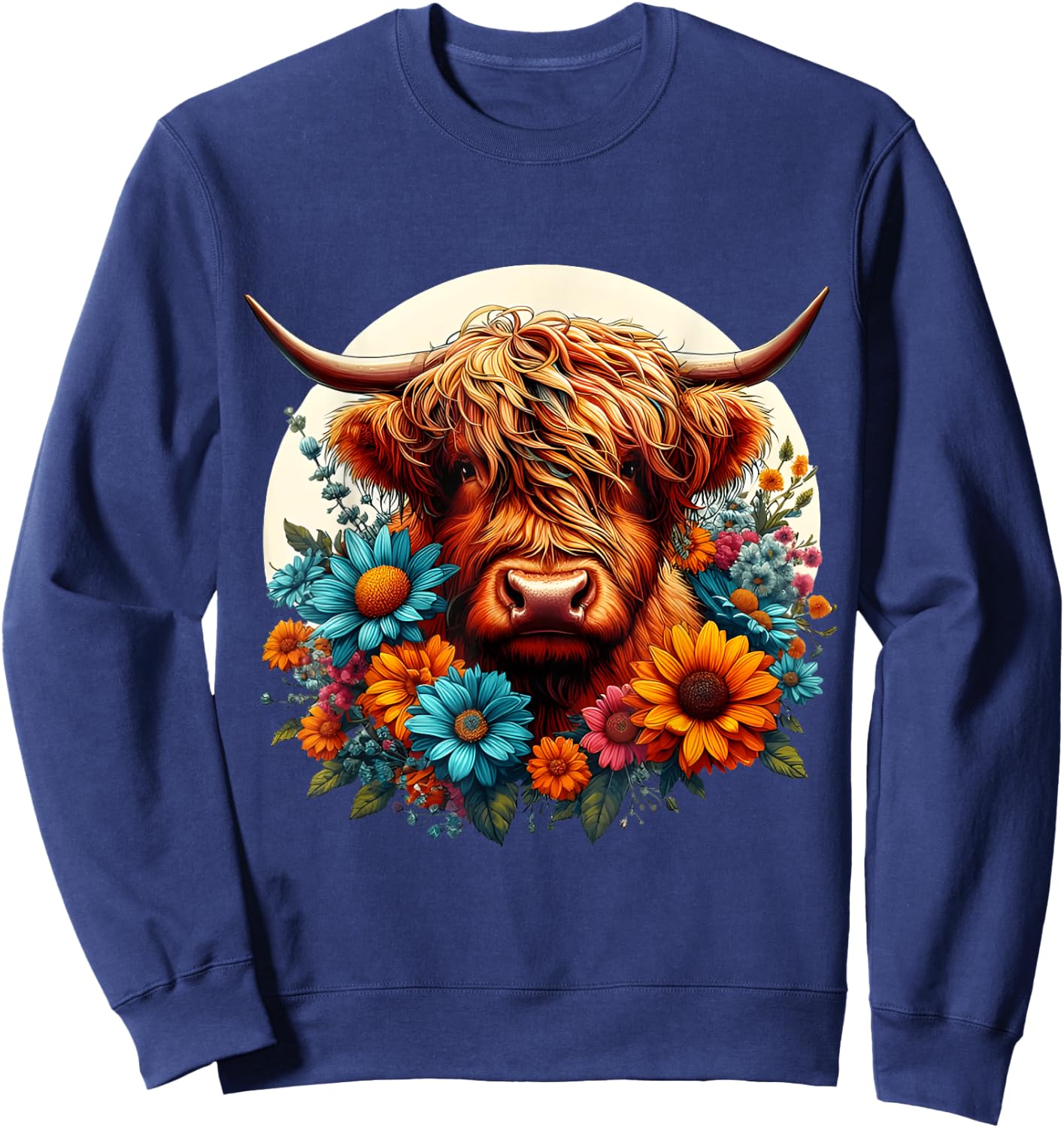 Scottish Cute Highland Cow Cattle Hairy Cow Flowers Colorful Sweatshirt - Sweatshirt | Navy