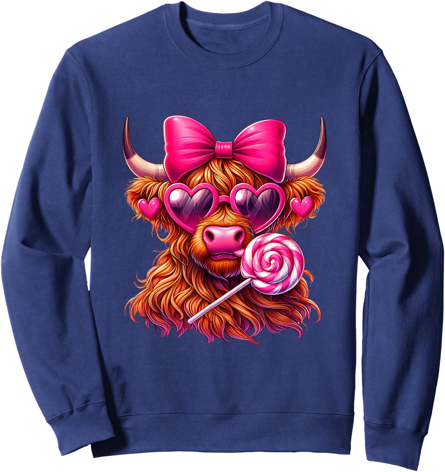 Valentines Highland Cow coquette bow Heart Glasses Lollipop Sweatshirt - Sweatshirt | Navy