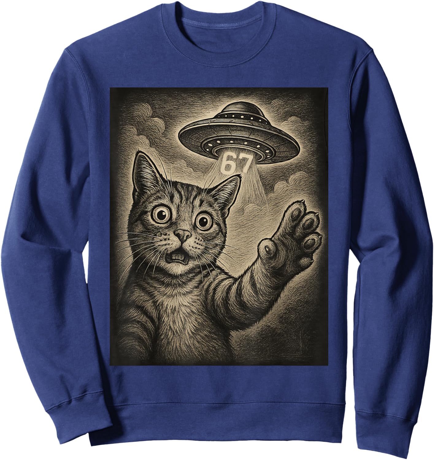 Cat Selfie 67 Meme Six Seven Funny UFO Sweatshirt - Sweatshirt | Navy