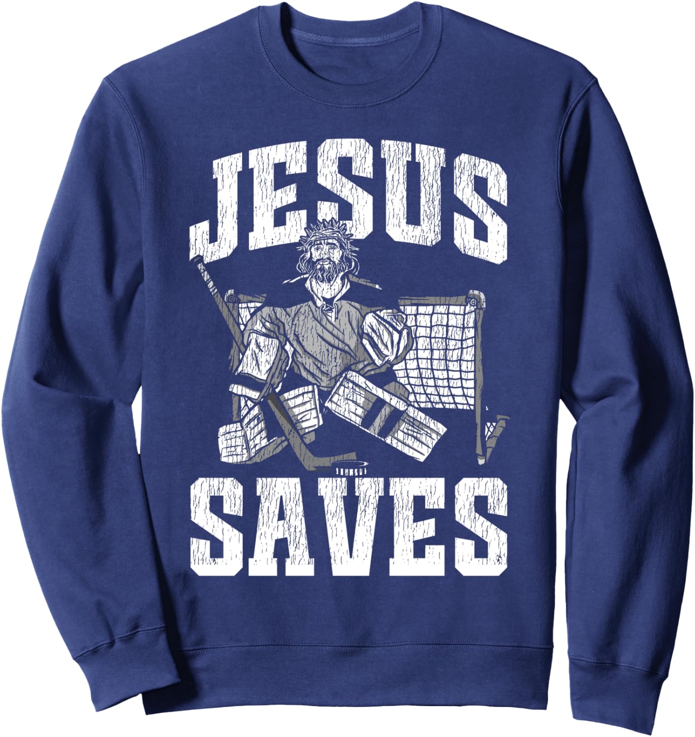 Ice Hockey Goalie Vintage Goalkeeper Jesus Jesus Saves Sweatshirt - Sweatshirt | Navy
