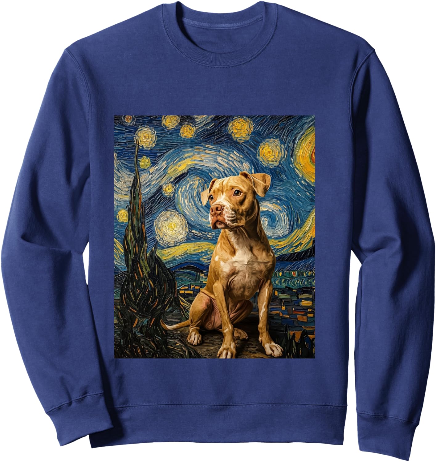 Pitbull Dog Pittie Van Gogh Style Starry Night Graphic Sweatshirt - Sweatshirt | Navy