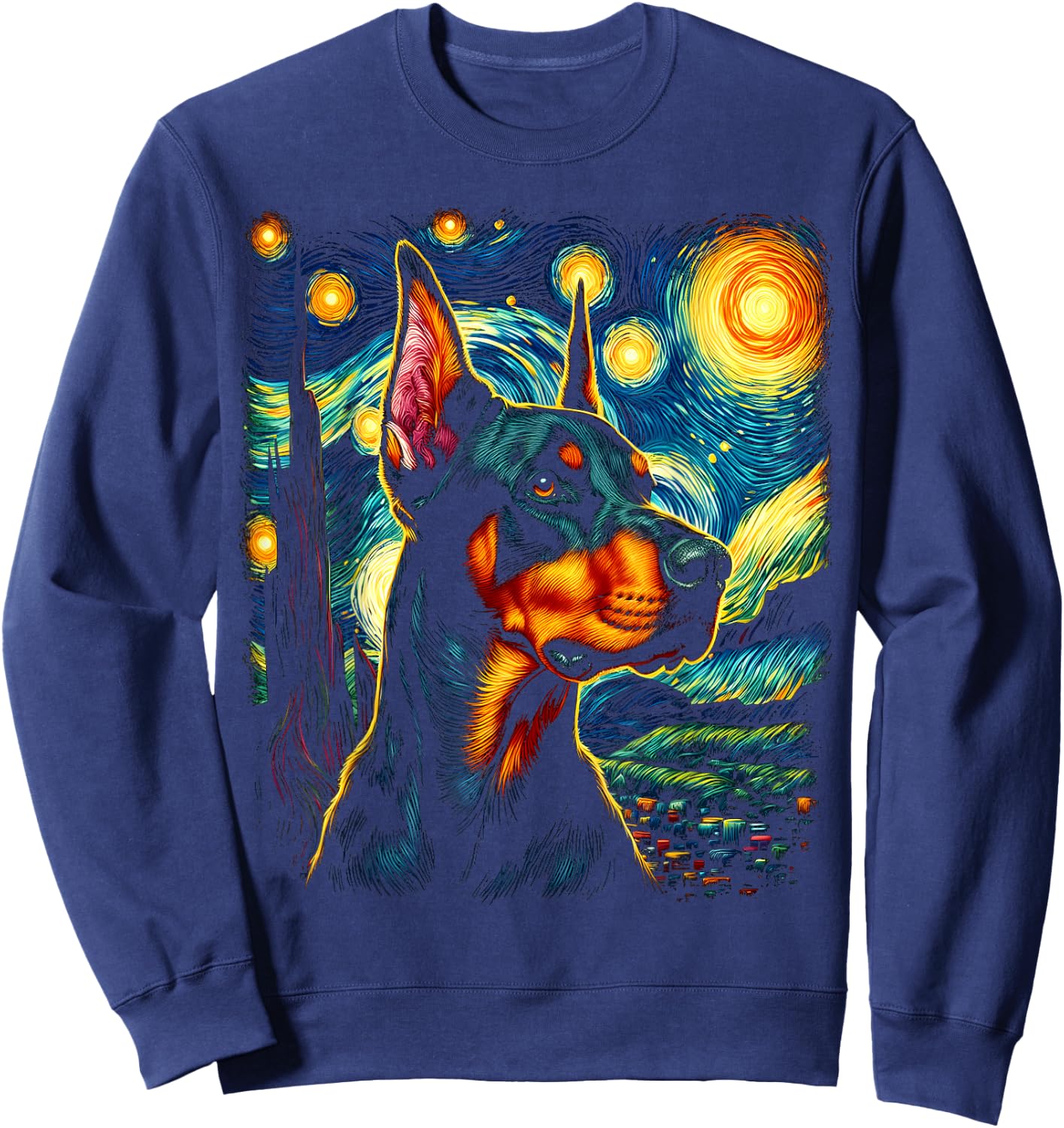 Doberman Pinscher Starry Night Van Gogh Inspired Art Sweatshirt - Sweatshirt | Navy