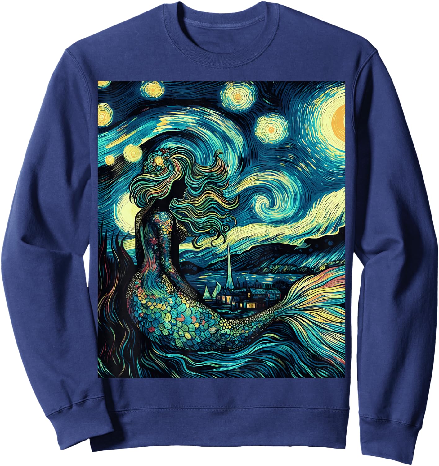 Mermaid Under Starry Night Sky Art Graphic Christmas Sweatshirt - Sweatshirt | Navy