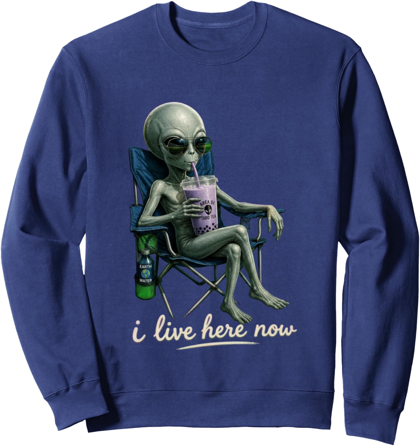 Design Amusant avec Inscription « I Live Here » - Motif Extraterrestre - Violet Manche Longue Sweatshirt - Sweatshirt | Navy