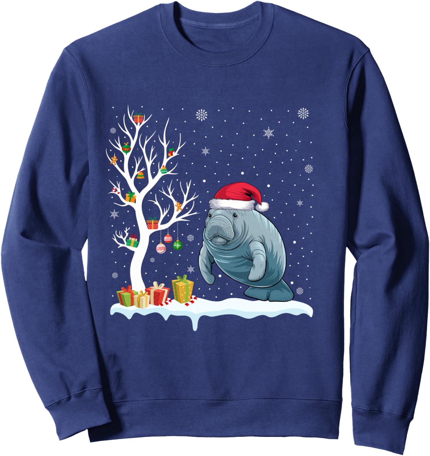 Manatee Santa Hat Festive Tree Light Christmas Pajama Sweatshirt - Sweatshirt | Navy