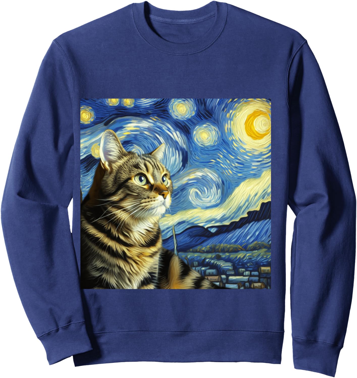 Funny Cat Lover Starry Night Van Gogh Grey Tabby Tiger Cat Sweatshirt - Sweatshirt | Navy