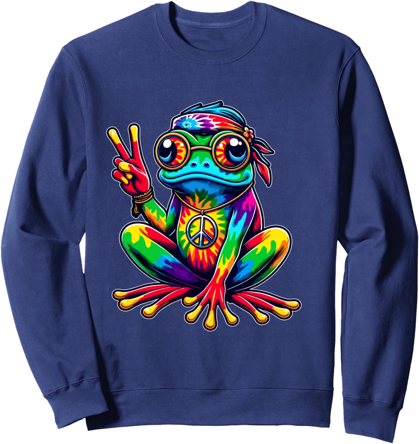 Hippie Tie-Dye Frog, 60s Party & 70s Costume, Peace Sign Shirt, black Sweatshirt - Sweatshirt | Navy