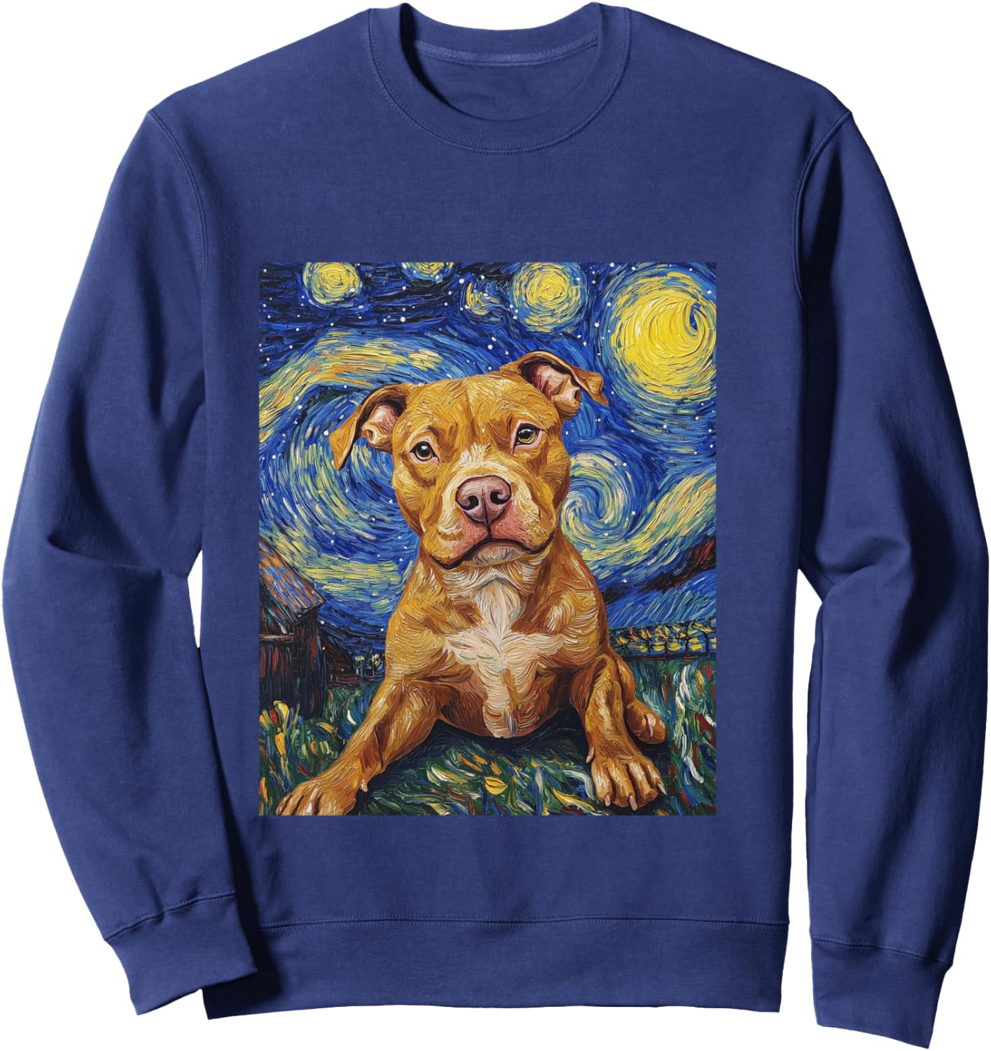Pitbull Dog Pittie Van Gogh Style Starry Night Graphic Sweatshirt - Sweatshirt | Navy