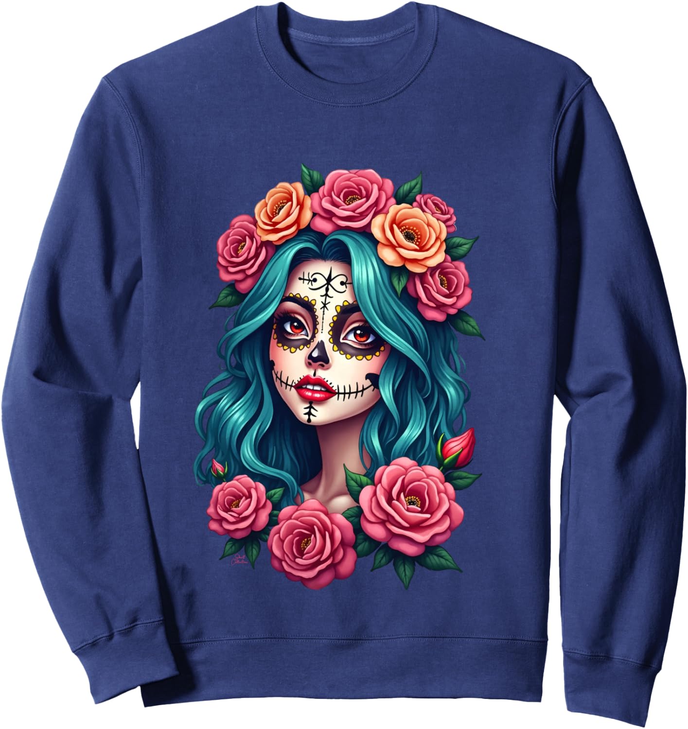 Dia de los Muertos head Mexican woman Mexico sugar skull , Black, S Sweatshirt - Sweatshirt | Navy
