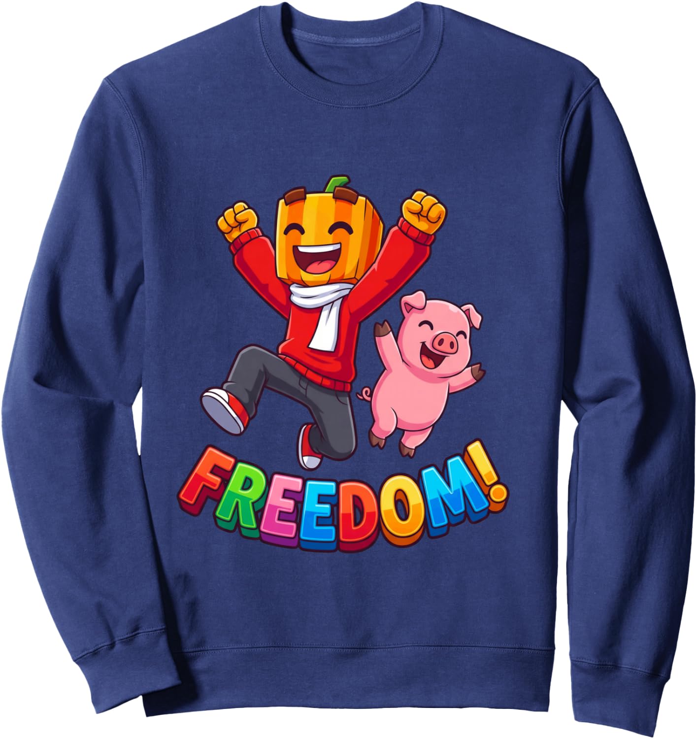 Freedom Kürbis Junge Rosa Schwein Kawaii Cartoon Langarmshirt Sweatshirt - Sweatshirt | Navy