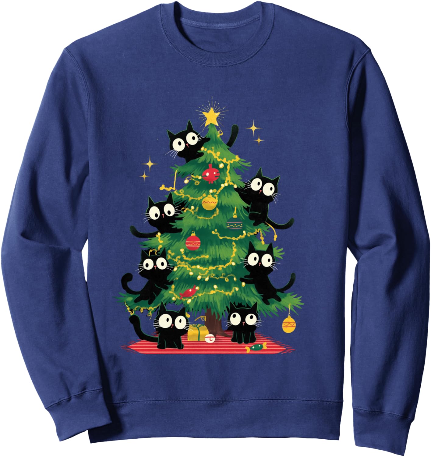 Arbre de Noël Amusant avec Chats Noirs pour Enfants, Hommes, Femmes, Nouvel an Manche Longue Sweatshirt - Sweatshirt | Navy