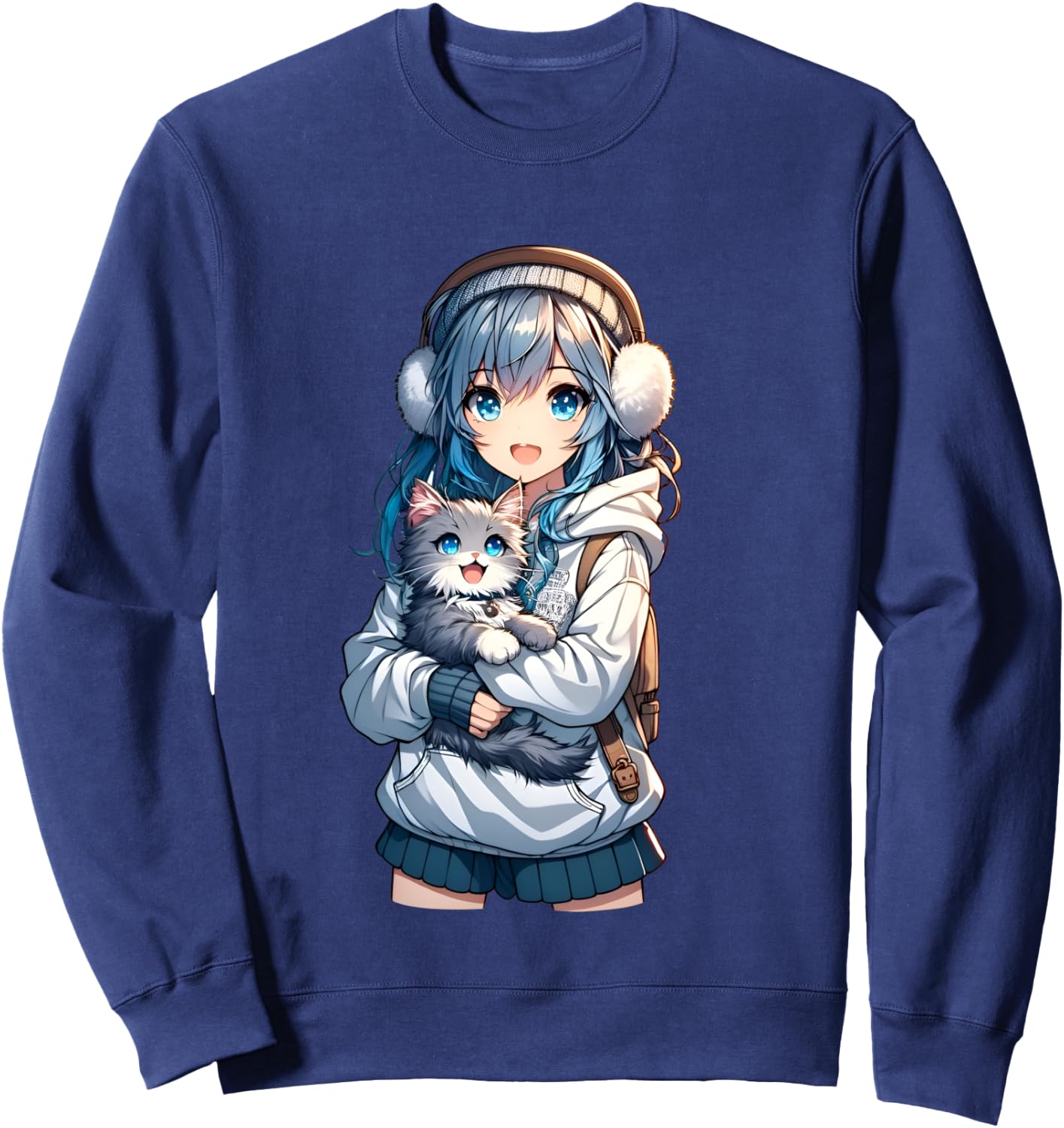 Cute Anime Girl with Cat for Cat Lover Kawaii Otaku Manga , Black, S Sweatshirt - Sweatshirt | Navy