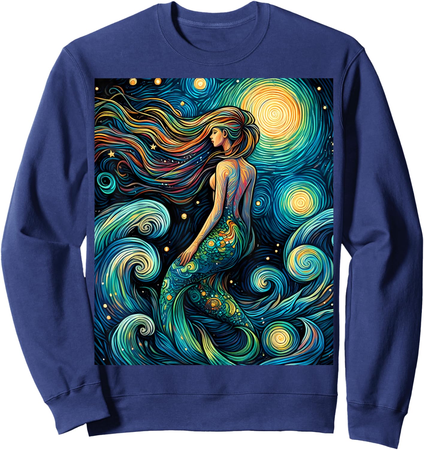 Mermaid Under Starry Night Sky Art Graphic Christmas Sweatshirt - Sweatshirt | Navy