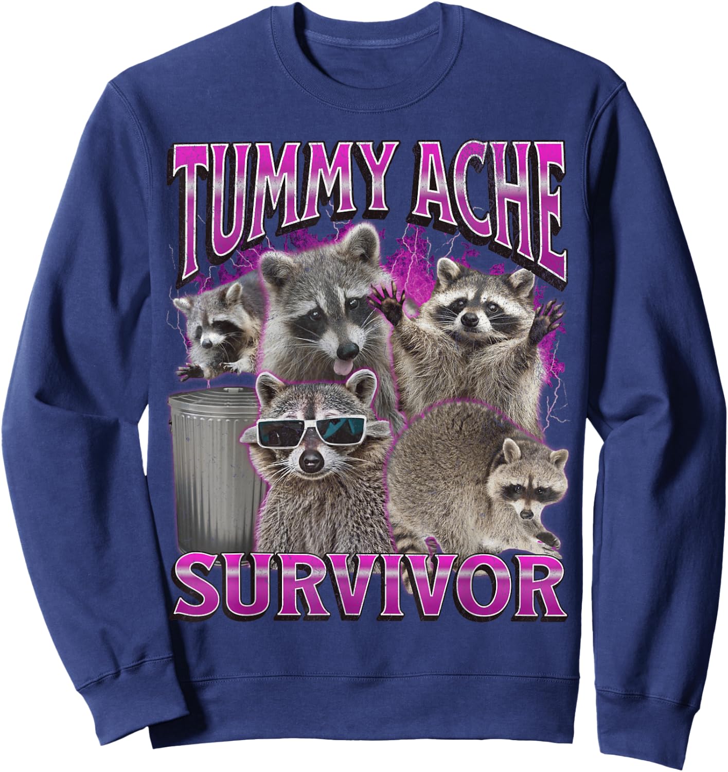 Tummy Ache Survivor Funny Raccoon Meme Bootleg Graphic 90s , black Sweatshirt - Sweatshirt | Navy