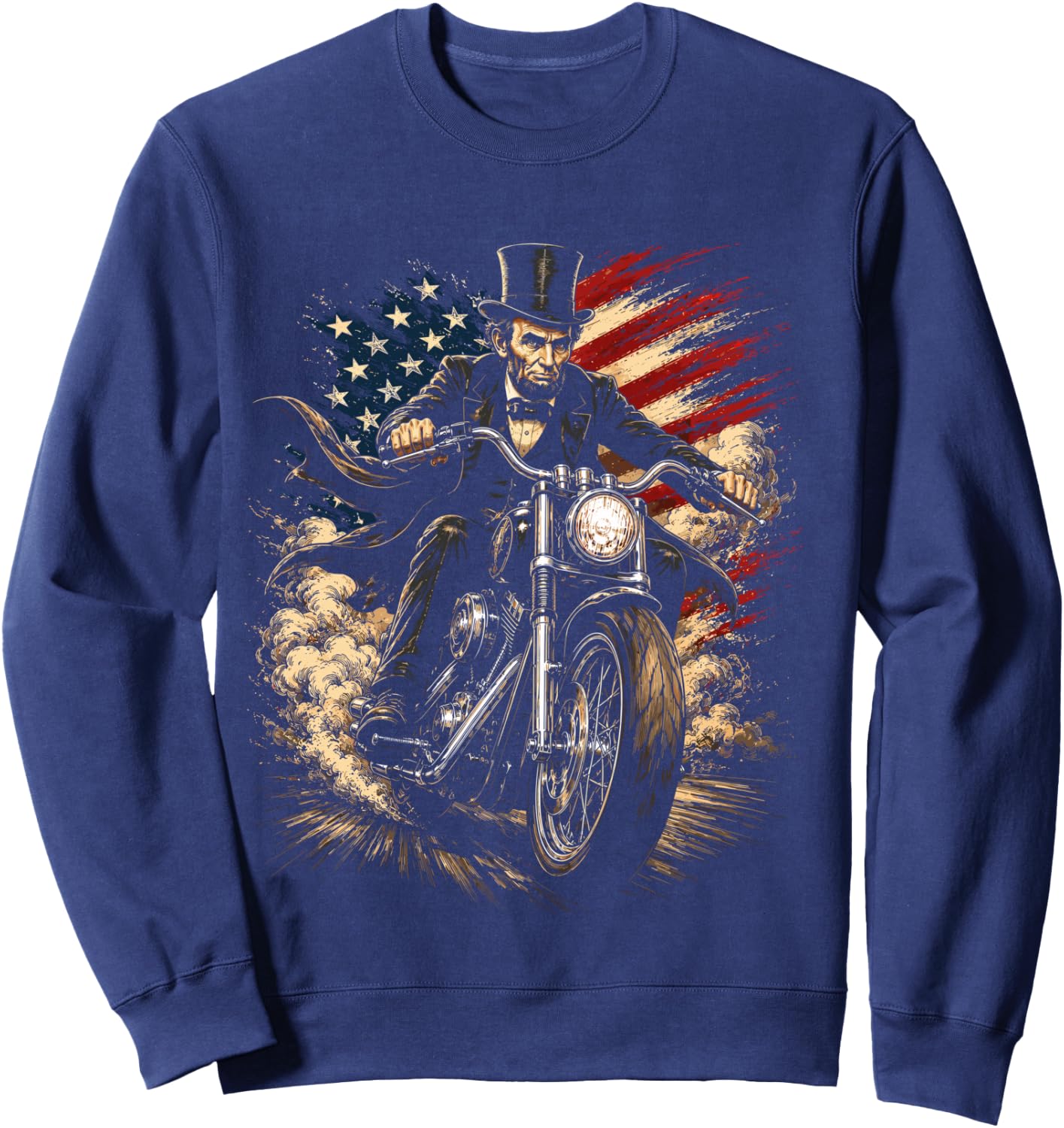 President Abraham Abe Lincoln Riding a Motorcycle Design Sweatshirt - Sweatshirt | Navy