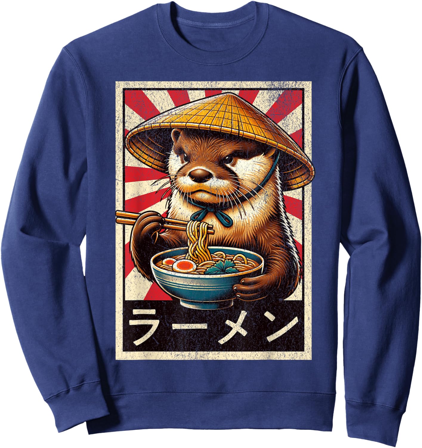 Vintage Otter Eating Ramen. Funny Anime Otter Ramen Lover Sweatshirt - Sweatshirt | Navy