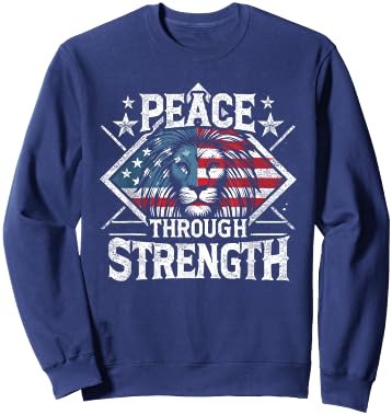 CharlIan Minds - USA Flag Peace Through Strength Lion Patriot -Adults Black Short Sleeve Modern Novelty Graphic Sweatshirt - Sweatshirt | Navy
