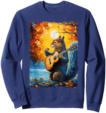 Van Gogh Starry Night Squirrel Playing Guitar Squirrel Lover Sweatshirt - Sweatshirt | Navy