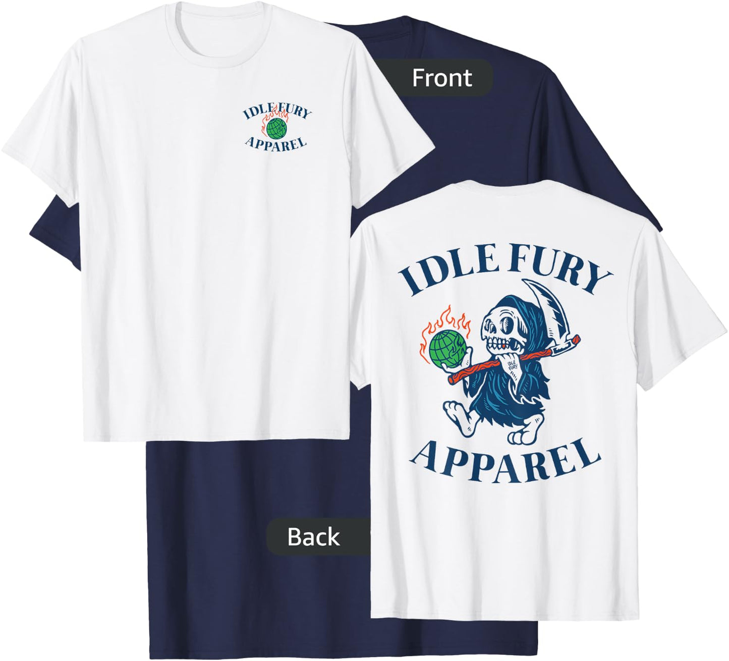 VIEW BACK PRINT Idle Fury Globe Reaper Skeleton Mascot Earth T-Shirt - T-Shirt | Navy