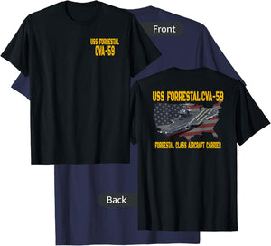 USS Forrestal CVA-59 Aircraft Carrier Veteran Front&Back T-Shirt - T-Shirt | Navy