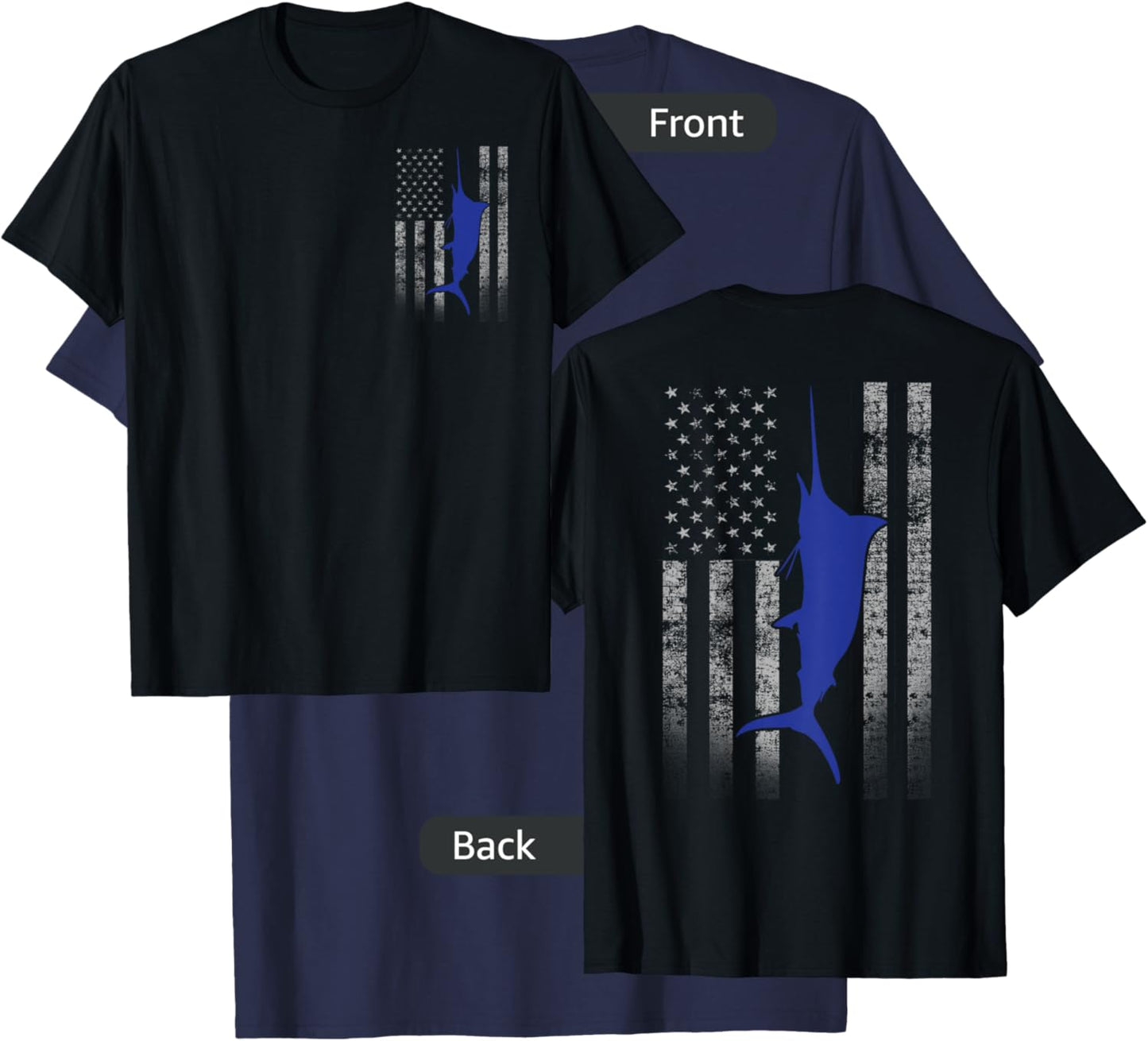 Two-Sided Marlin Flag Shirt - Blue Marlin on US Flag T-Shirt - T-Shirt | Navy